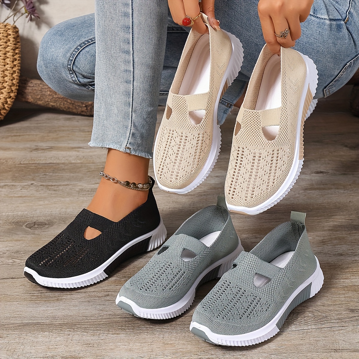 

Women's Casual Breathable Slip-on Sneakers - Solid Color Knit Fabric Walking Shoes With And Fiber Insole, Low Top Plain Toe Design, Comfort Footwear, Non-slip Platform,