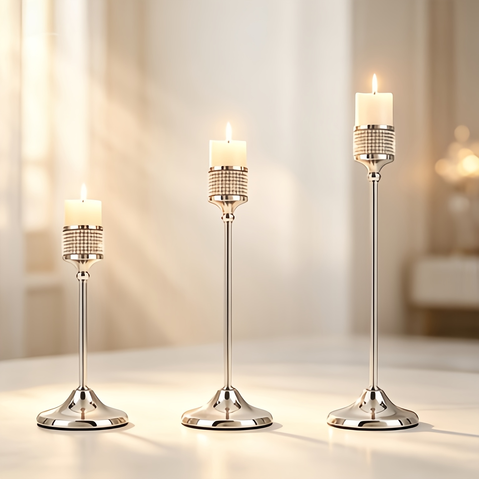 TEMU 3pcs High-low Style Champagne Golden/mirror Silvery Crystal Metal Candlesticks, Light Luxury Mirror Inlaid Diamond Table Centerpiece, French