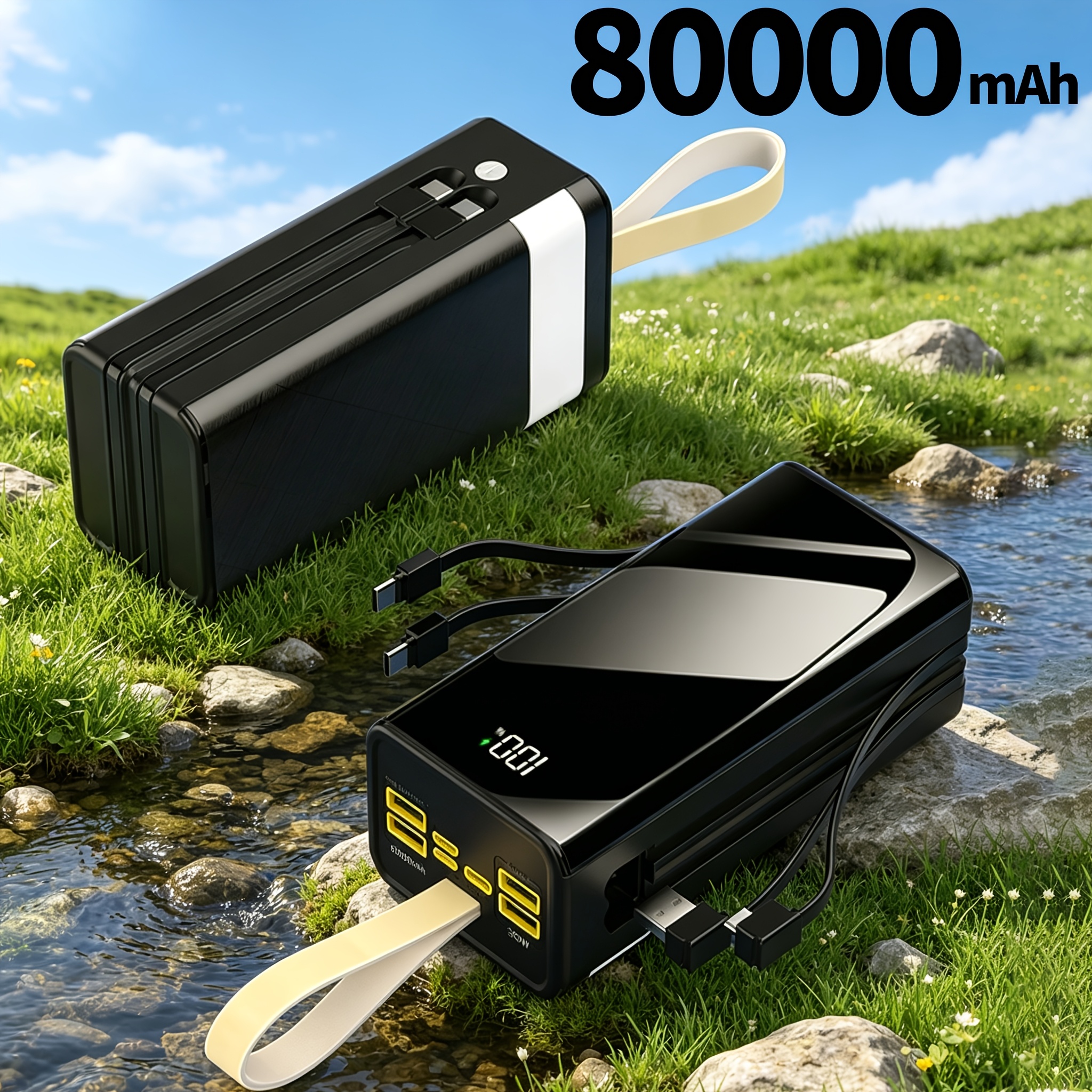 TEMU 80000mah Portable Power Bank, 30w Fast Charging External Battery Pack With Built-in Dual Cables, Led Camping Light & Digital Display,