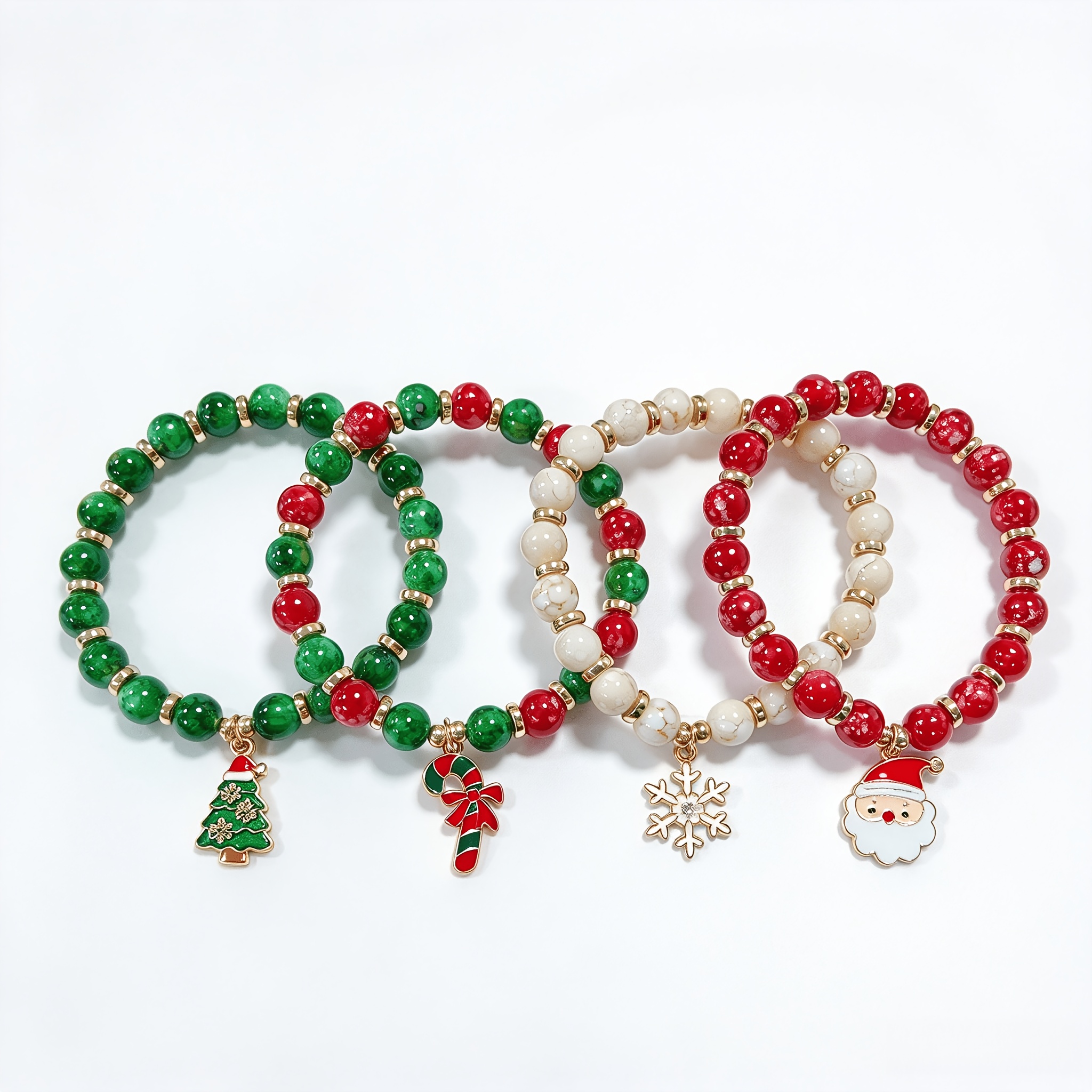 TEMU 4pcs Women's Christmas Theme Bead Bracelet Set Red Green White Beads With Santa Claus Snowflake Christmas Tree Pendant Cute Festive Style