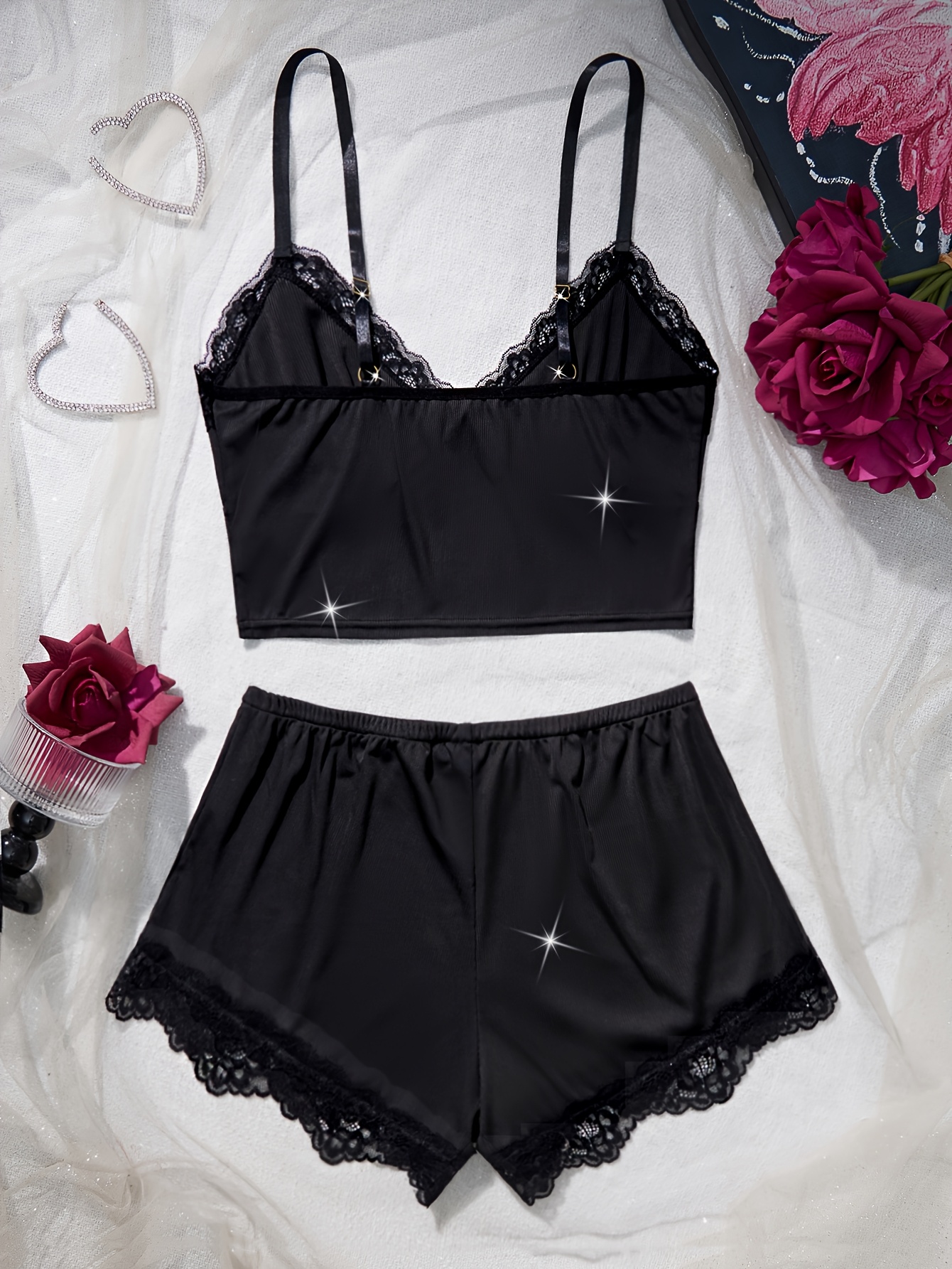 2 piecesolid color   pajama set contrast lace bow halter top shorts womens   pajamas Product details 16