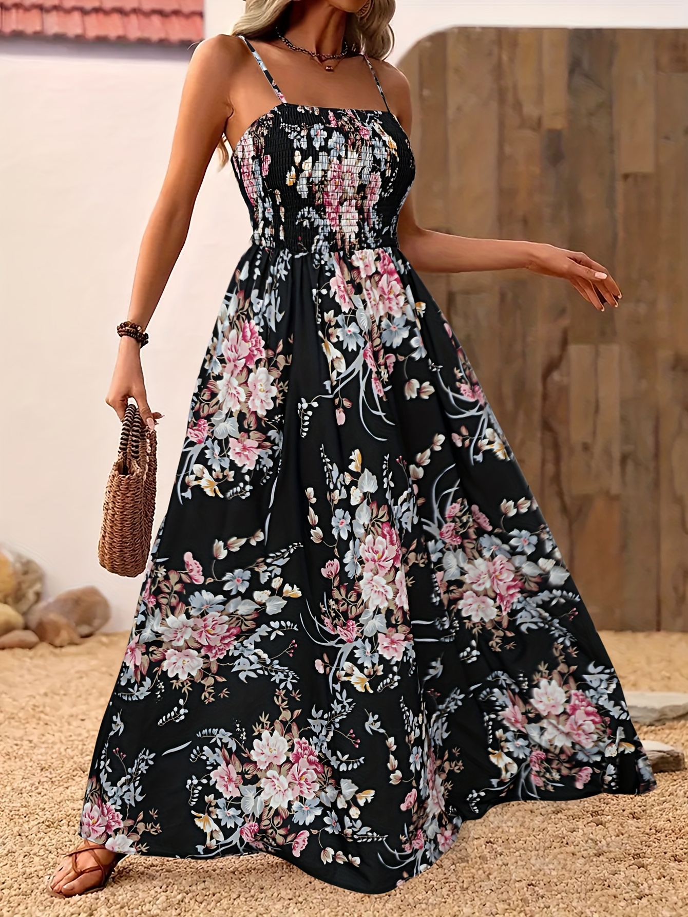 Spring Summer Women's Elegant Floral Print Pleated Spaghetti Suspender  Dress, Vacation Vintage A-Line Long Dress 9A9096-1
