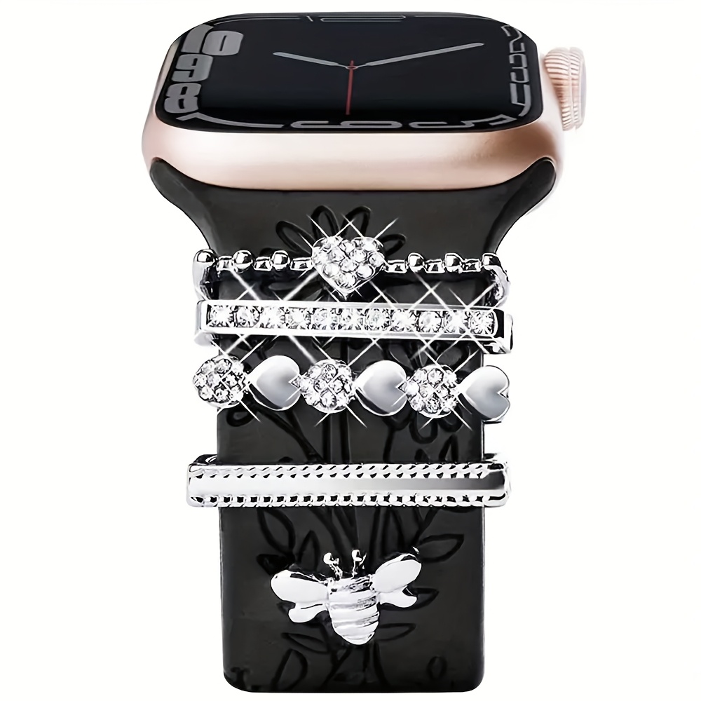 Image of 5 Rhinestone Watch Band Loop Charms Studded Rivet Ear Studs, Cute Metal Watchband Charms Decoration Compatible With Iwatch Series Bands