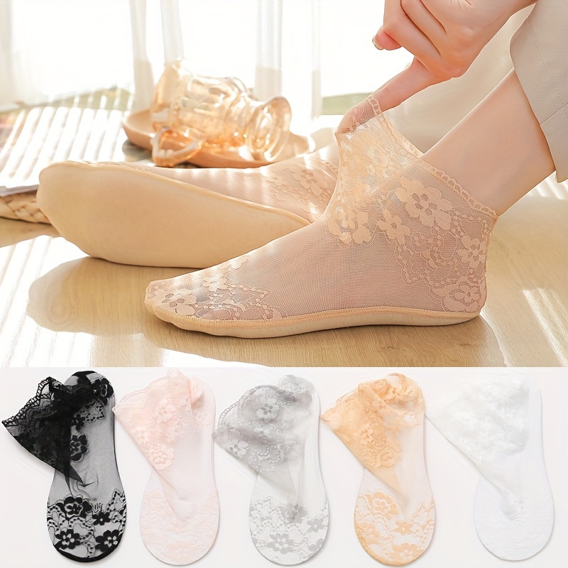 

5 Pairs 3d Textured Floral Lace Thin Socks, Comfy & Breathable Boat Socks, Women's Stockings & Hosiery