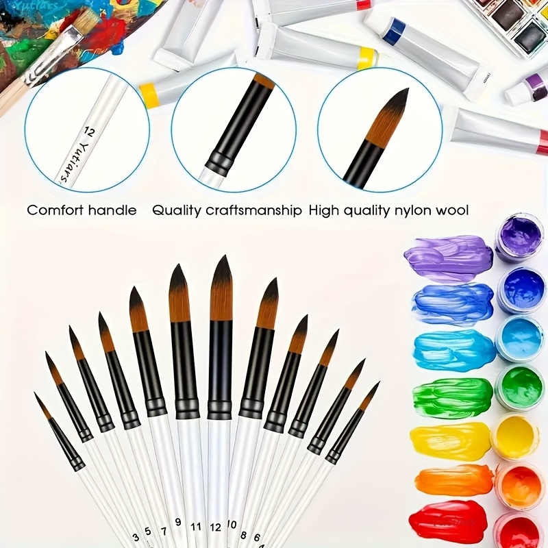 Image of 12pcs Round Nylon Paint Brush Set For Acrylic, Oil, Watercolor Painting Quality Brushes With Short Handles And Ferrules