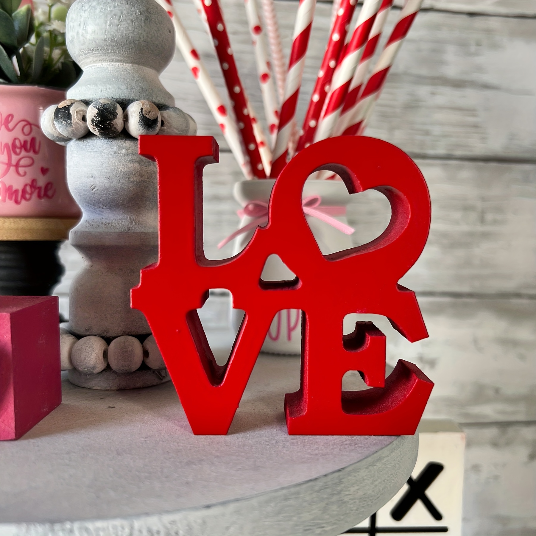 

Wooden Love Signs For Valentine's Day - Tiered Trays, Shelves & Hutches | Romantic Farmhouse Decor Gift, Shelf Sitter, Valentine's Day Decoration