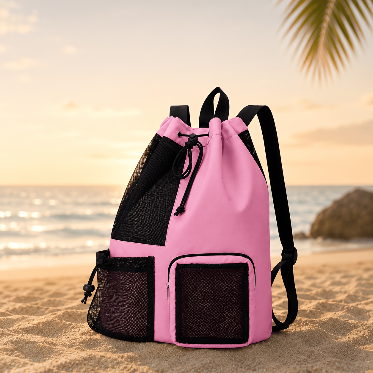 Mesh Drawstring Bag, Sports Backpack, Shoulder Bag Storage Bag, Foldable, With Adjustable Drawstring, Quick-drying, Lightweight; On The Shoulder Or ; Dry And Wet Compartments, For Outdoor Activities