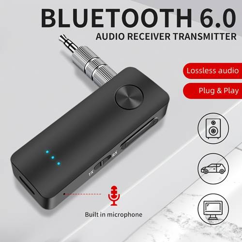 imagen del artículo y transmisor de audio bluetooth en 6.0 de clip, recién actualizado 6.0, adaptador sin varillas estéreo hifi, aux de 3.5 mm con micrófono, para aviones, televisores de coche y altavoces de ordenador