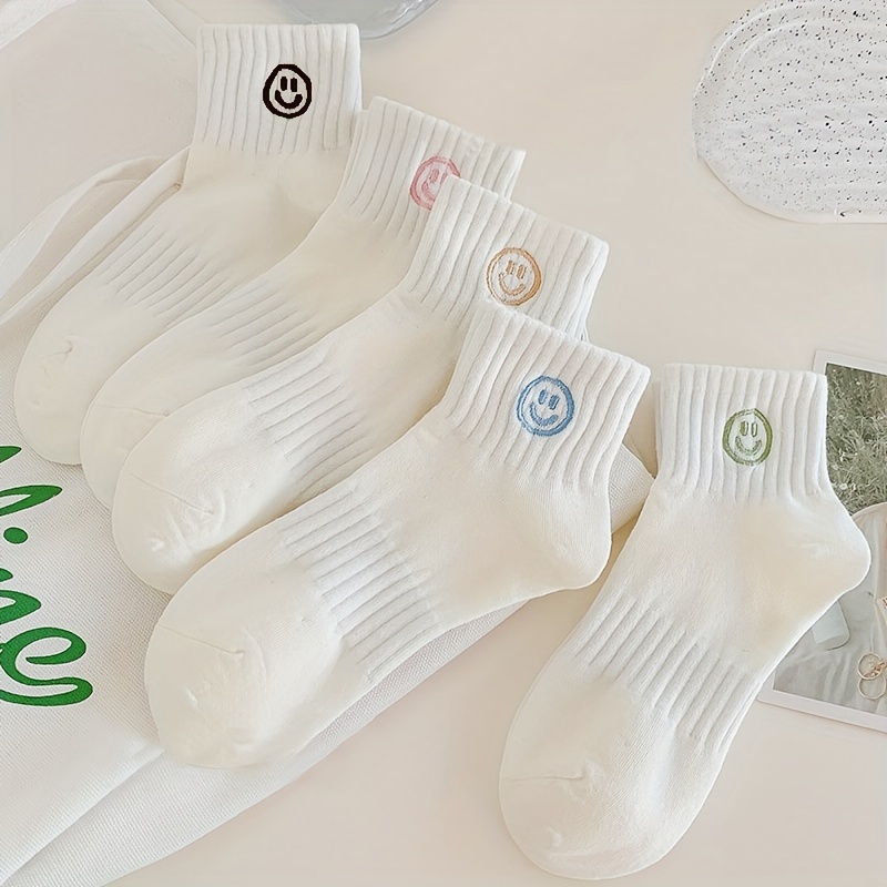 

5 Pairs Cartoon Face Embroidery Socks, Cute Japanese Style Short Socks, Women's Stockings & Hosiery