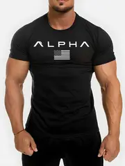 mens athletic crew neck t shirt quick dry polyester knit fabric short sleeve alphabet print skinny fit casual sports top for spring summer polyester 180gsm details 12