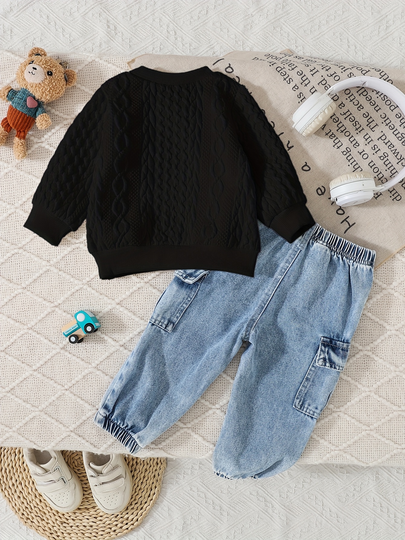 2pcs winter outfit set   patch sweater fringe hem jeans with elastic waist brown bear pocket pants machine washable clothes autumn winter casual playwear   outdoor Product details 13