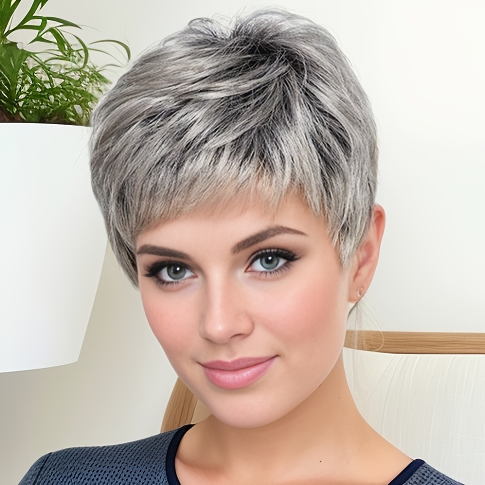 

Women's Fashionable Fluffy Short Wigs, Gray Gradient Straight Hair With Bangs, Mom's Daily Soft And Healthy Heat-resistant Chemical Fiber Wigs