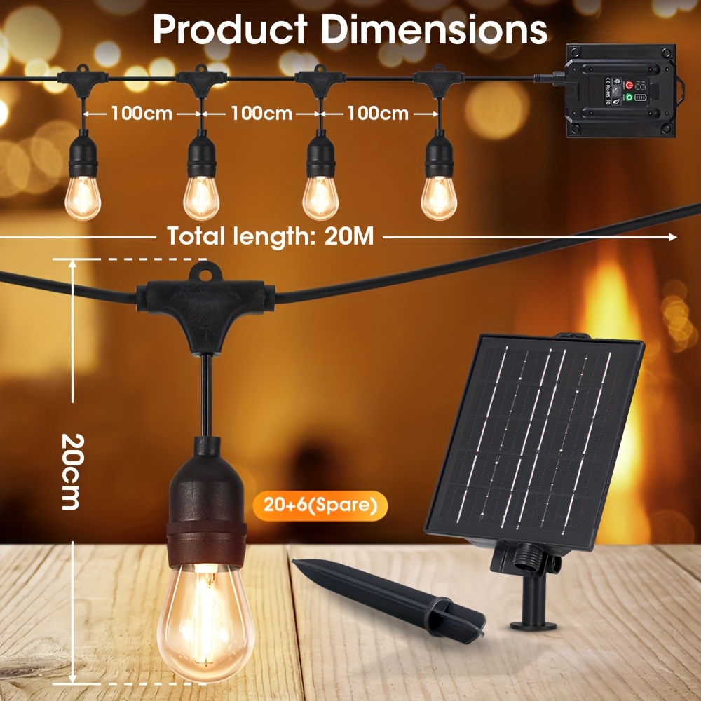 TEMU Solar Festoon Lights Outdoor, 30m/20m/15m Solar String Lights With 30+8 Led Shatterproof Bulbs, Waterproof, 8 Light , Dimmable Solar Light For