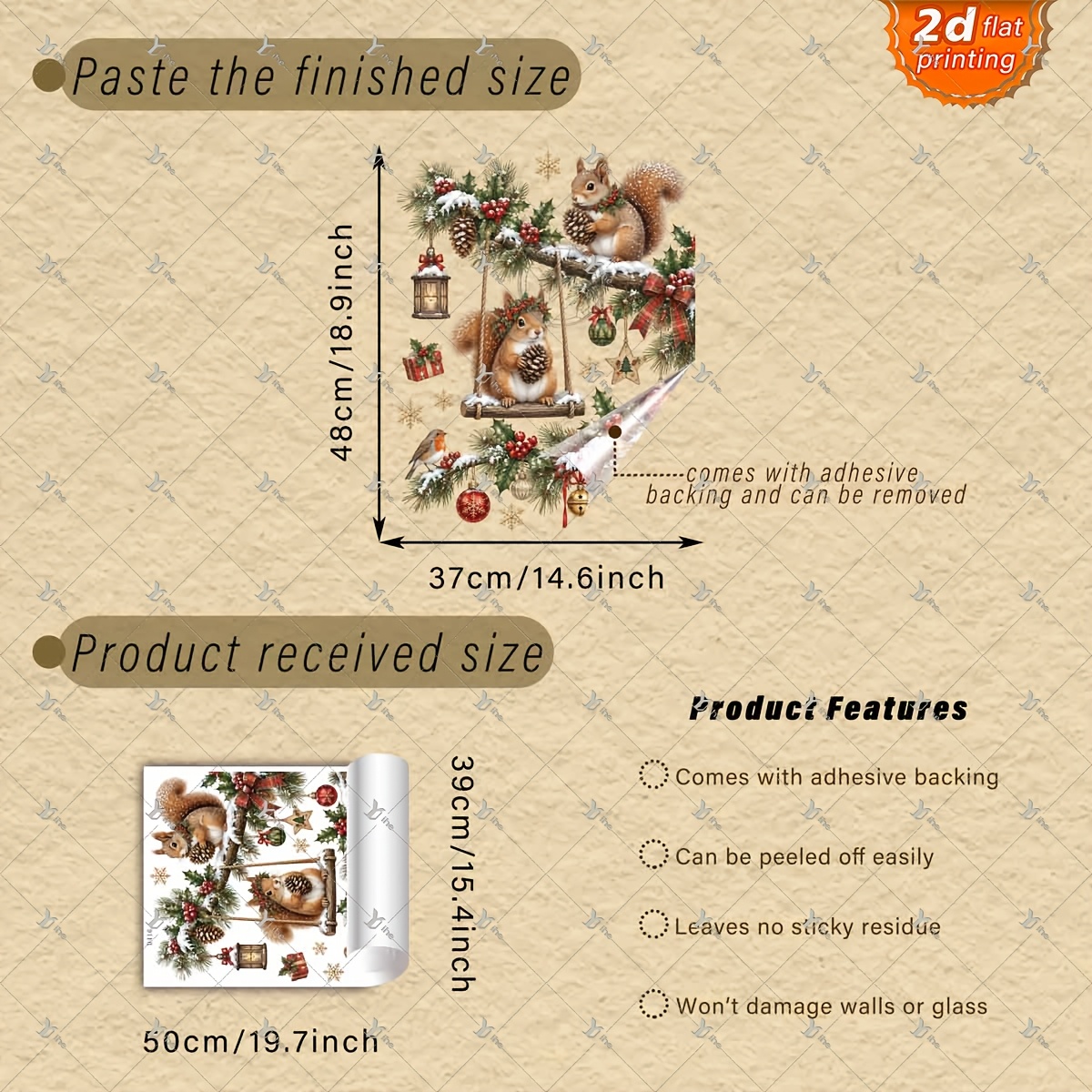 TEMU 2d Flat, 1pc 2d Flat Printing Christmas Squirrel Pine Branch Ball 40*50cm Window Sticker, Creative Diy Self Adhesive Removable Double Sided Pvc