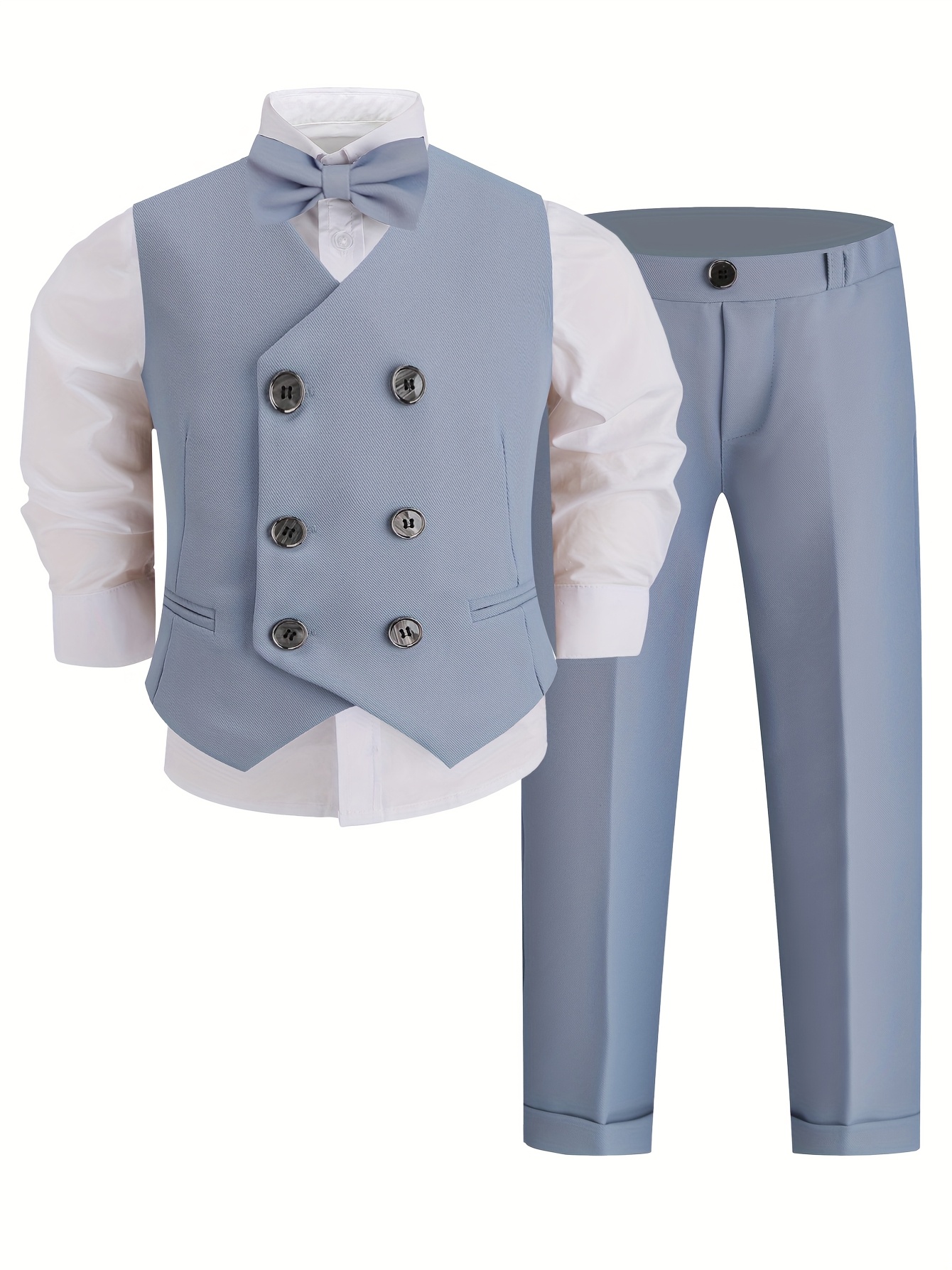 Boys' 3pcs Suit Vest Set - Elegant Blue, White & Black, Includes Jacket, Pants & Bow Tie - Perfect for Birthday Parties, Performances & Formal Event