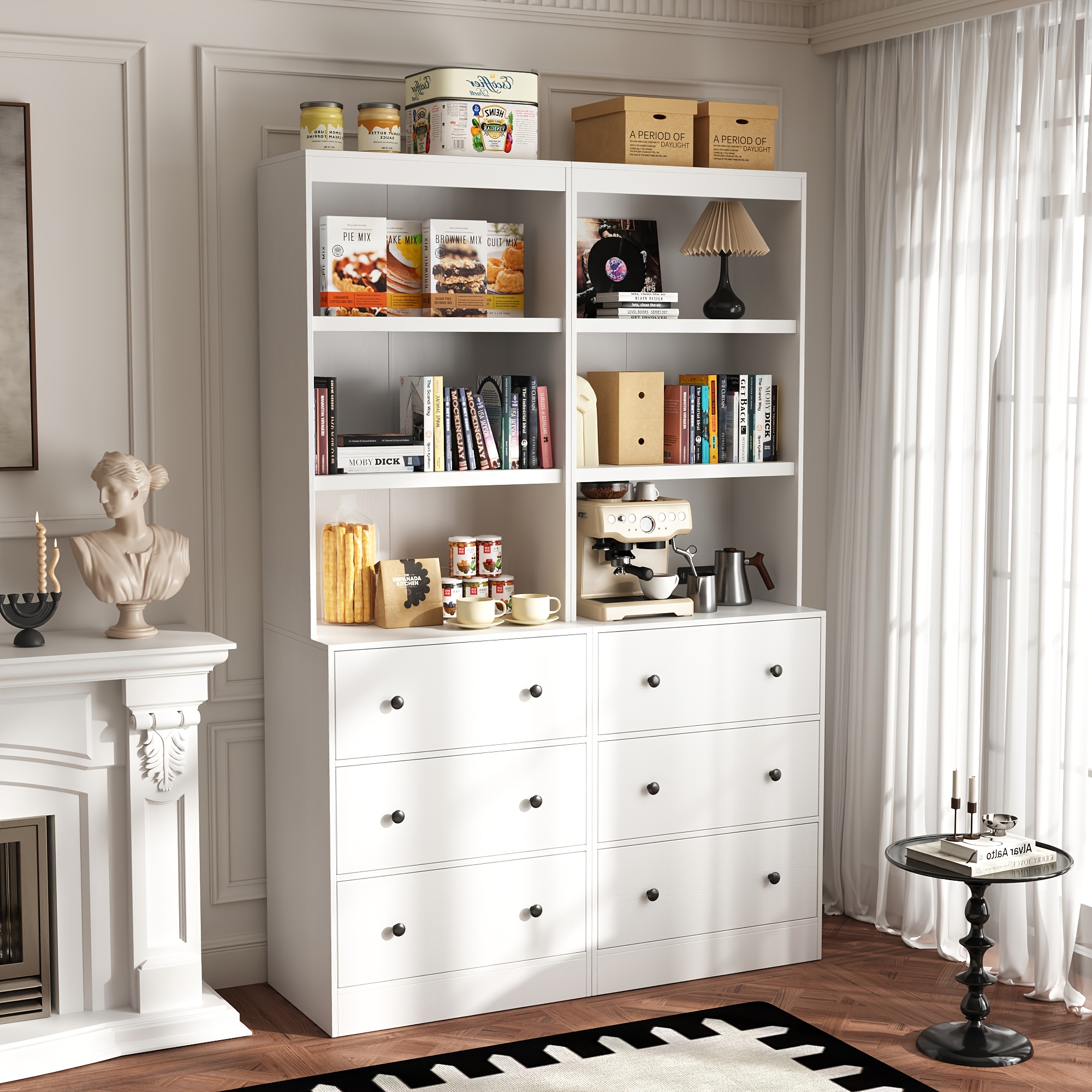 Wood Bookshelf with 3 Drawers - 6 Tier Freestanding Tall Storage Cabinet, Modern Floor Cabinet for Bedroom, Curio Cabinets with Storage for Living Room, Home Office