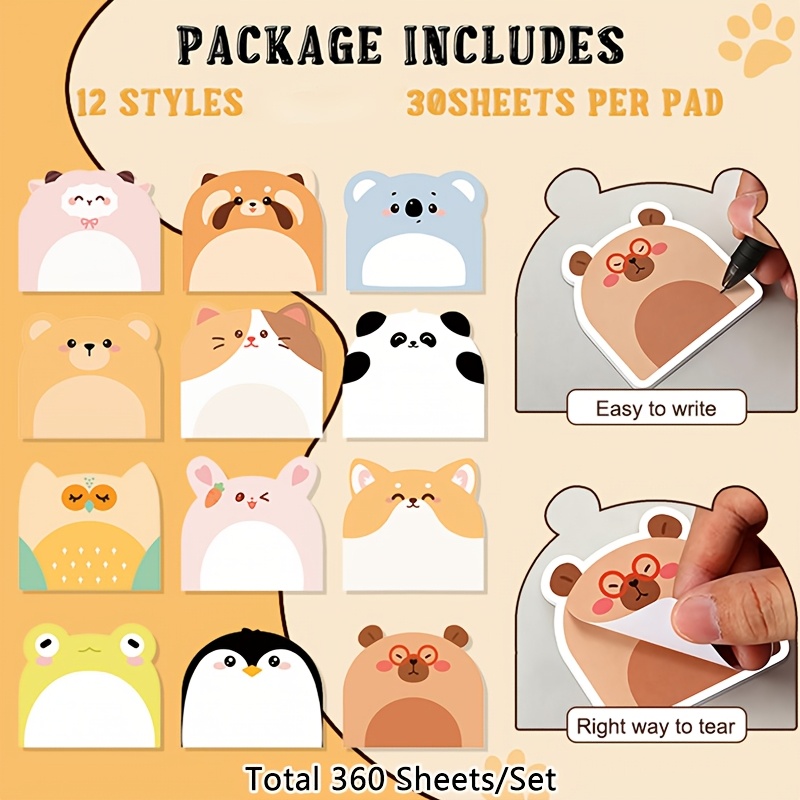 TEMU 360sheets Cute Animal Theme Sticky Notes, Suitable For Daily Home Office, Journal Scrapbooking, Memo Pad Featuring Cats, Dogs, Frogs, And Animal