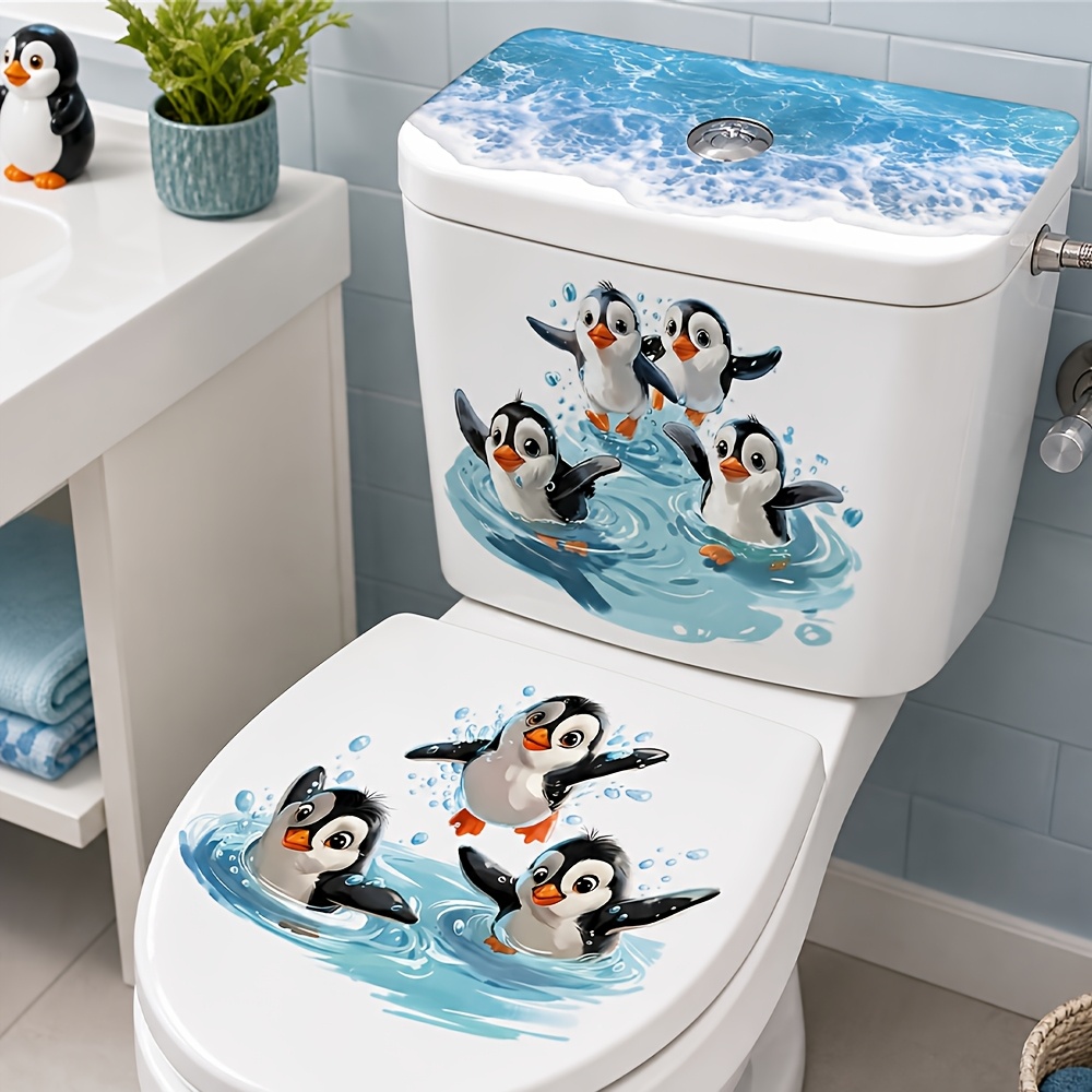 TEMU 1pc Penguin Playing In Water Toilet Sticker, Swimming With Ocean Waves Element, Self-adhesive Decorative Sticker For Bathroom Toilet Tank