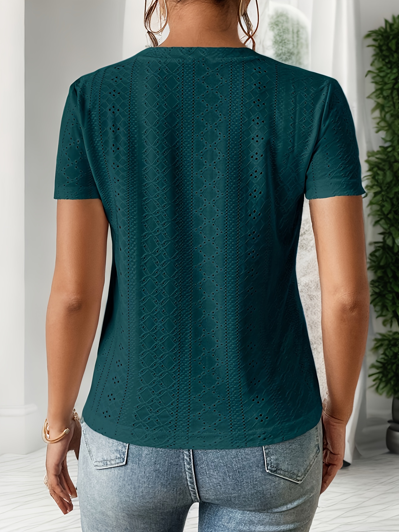 Eyelet Crew Neck T-Shirt, Casual Short Sleeve Top For Spring & Summer, Women's Clothing