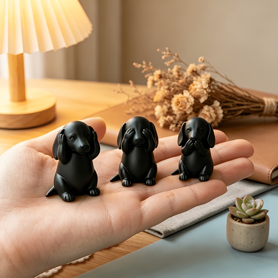TEMU 3pcs Mini 3 Wise Dachshund Statues, 3 Dachshund Decorative Ornaments - "don't Listen, , Don't Speak Evil" Home Decor Accessories, Suitable For