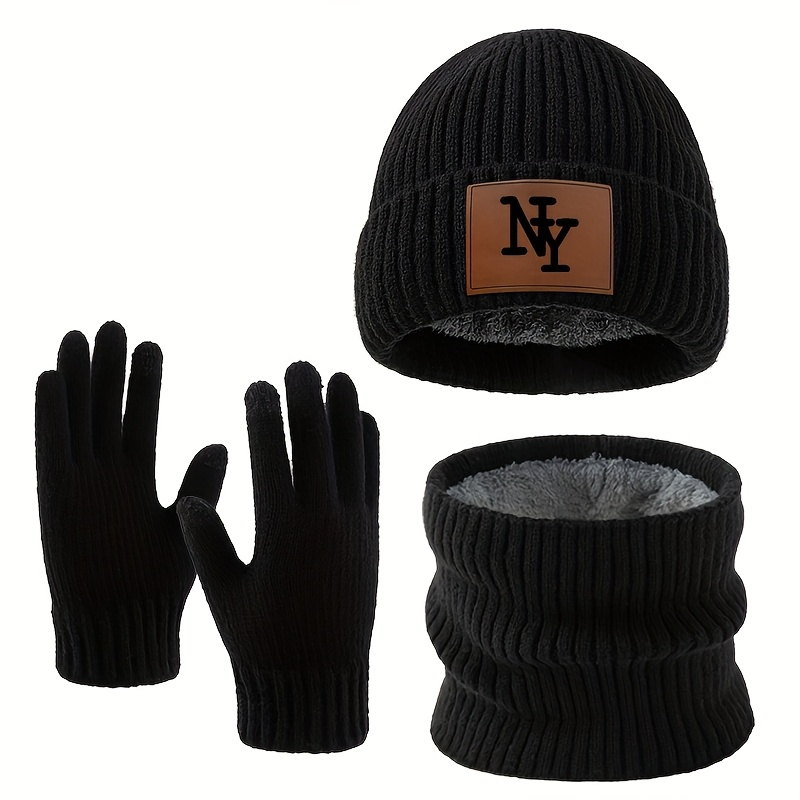 TEMU Affordable Winter Warm Knit Hat, Scarf, And Gloves 3pcs Set. Fashionable Label With Ny Lettering On The Knit Hat, Scarf, And Gloves Mixed Set.