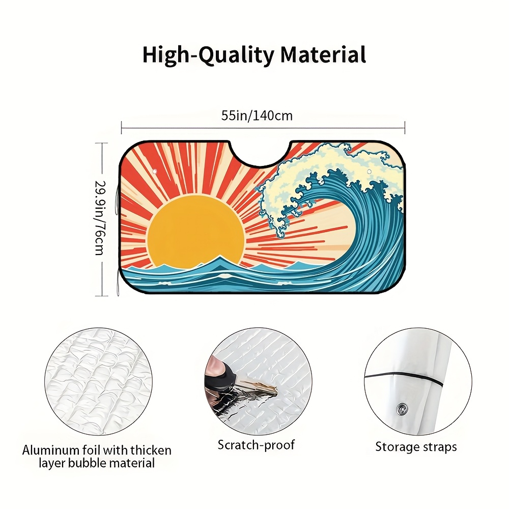 TEMU 1pz Parasol de Parabrisas con Diseño de del Mar y Rayos Solares para Coche Camioneta SUV - Plegable , Bloqueo UV Reducción de , Tela Duradera,