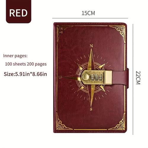 vintage leather locking diary journal with compass bookmarks combination lock 200 page secret writing notebook map themed cover horizontal ruled pages for travel gift