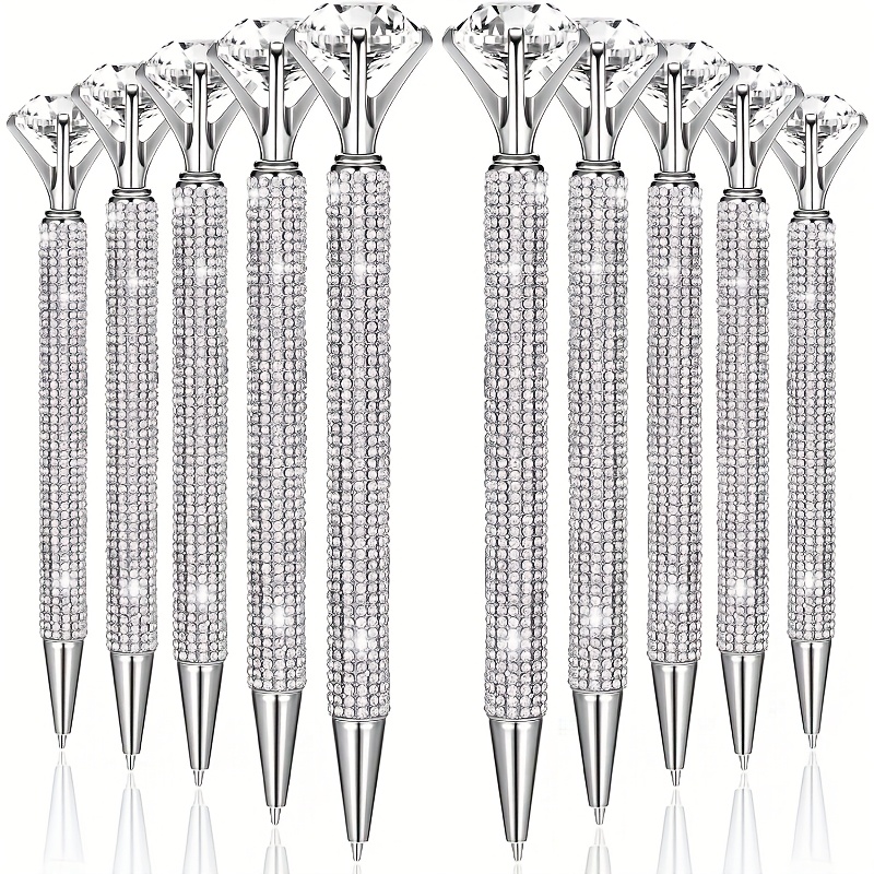 10 Large Diamond Pens With Crystal Shiny Rhinestone Metal Glitter Ballpoint Pen Black Ink Retractable Cute Fancy Wedding Bridal Shower Gift Office Supplies Birthday Lady (silvery)