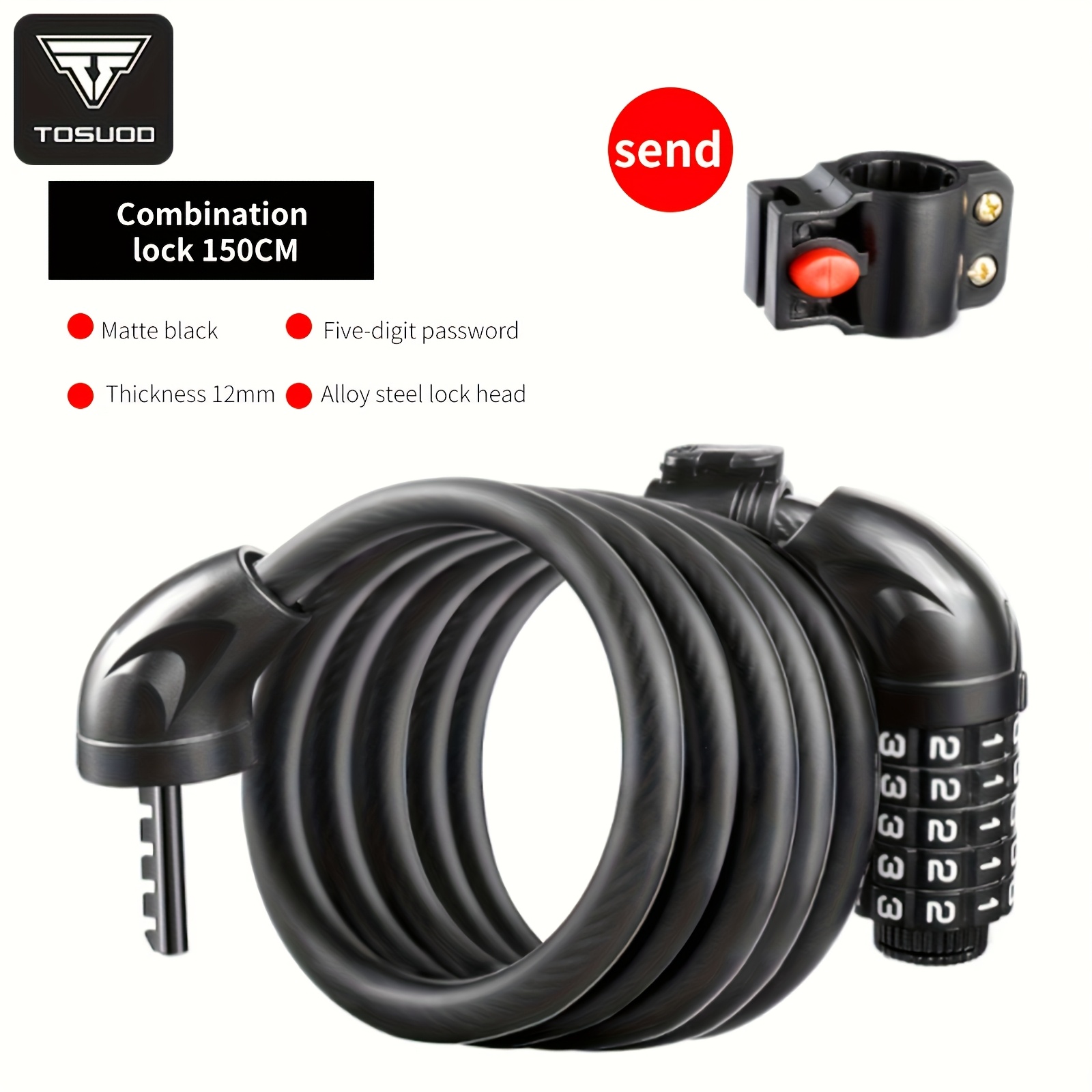 TEMU Tosuod Heavy Duty 5-digit Combination Bike Lock With Anti-theft Coiled Cable, Combination Lock For, E, Motorcycles, Scooters - 125cm/150cm Bike