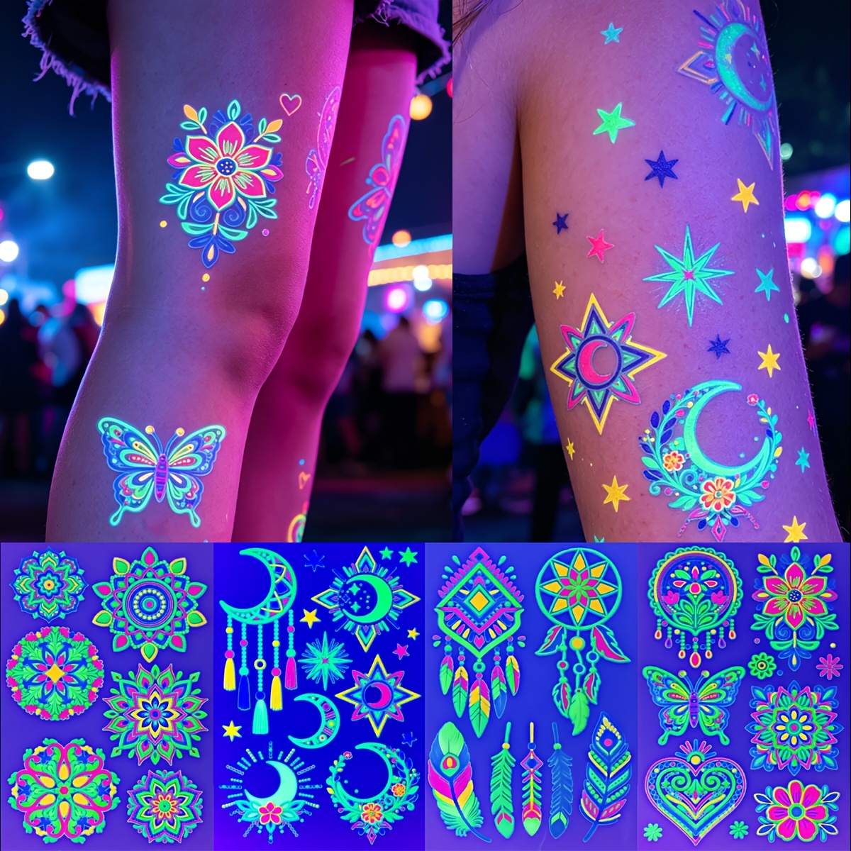 TEMU 4 hojas de pegatinas de tatuajes temporales de neón que en , pegatinas de tatuajes , perfectas para decoraciones de fiestas nocturnas y