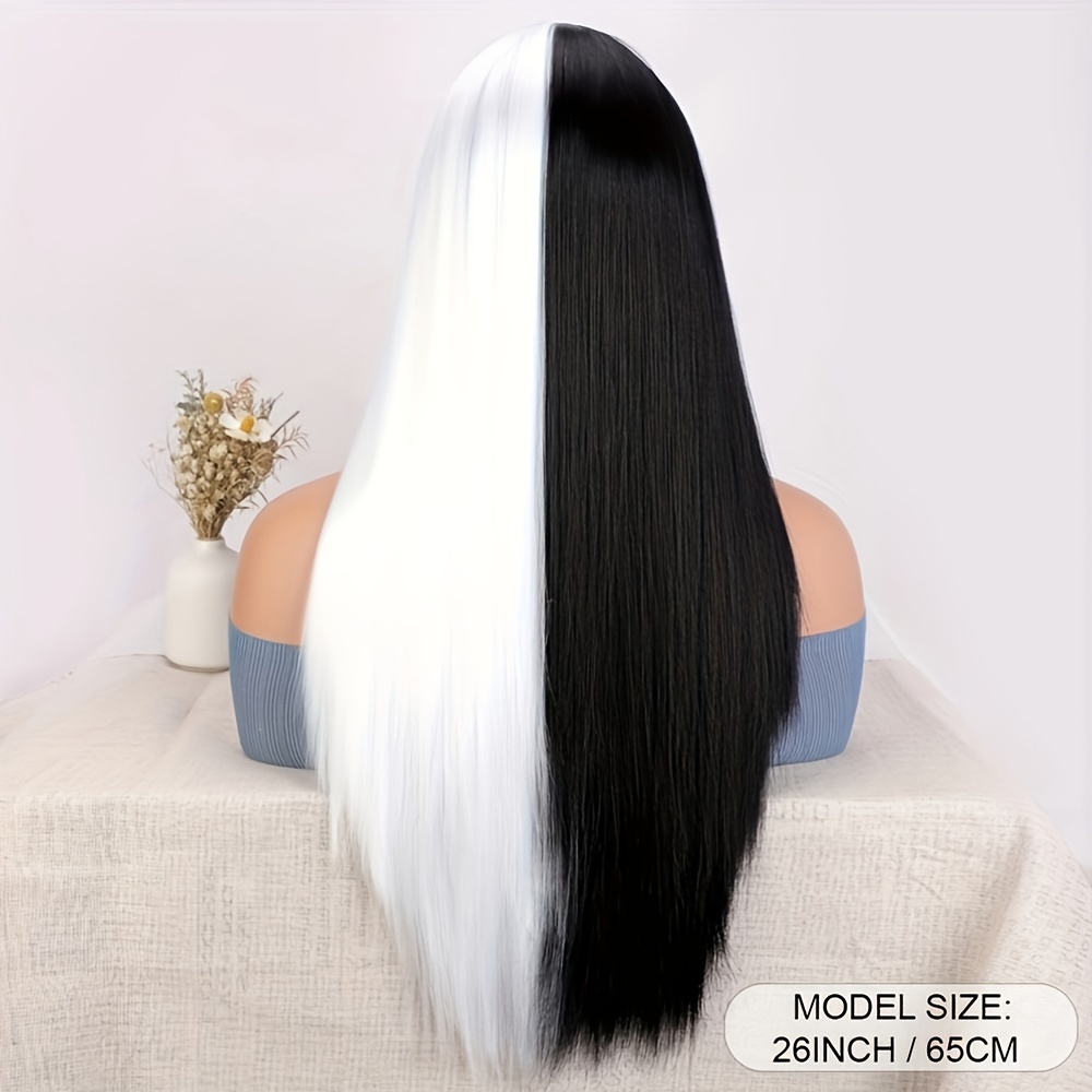 Half Black Half White Two Tone Wig Long Straight Wigs Middle