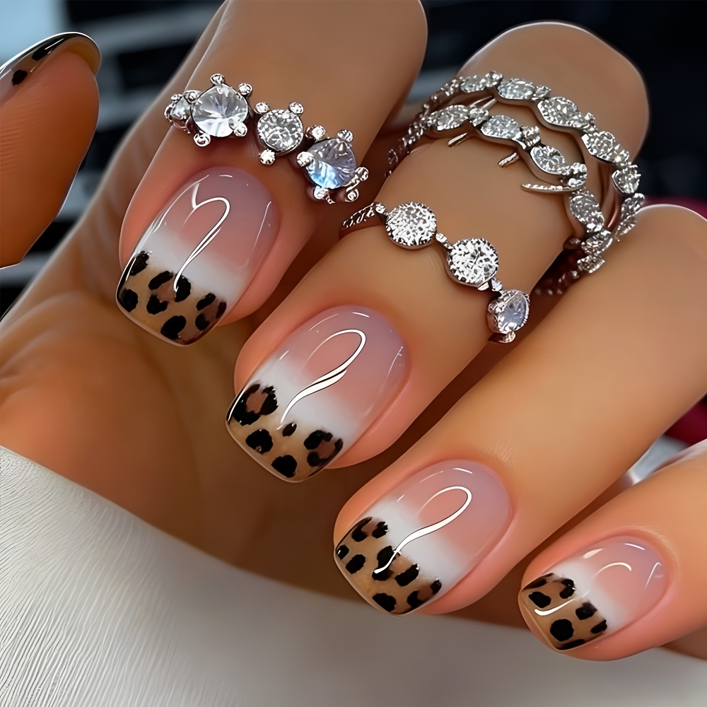 24pcs Short Squoval Press On Nails Glossy Nails Pink Gradient System Leopard Print Pattern Fake Nails French Style Artificial Reusable False Nails For Women And