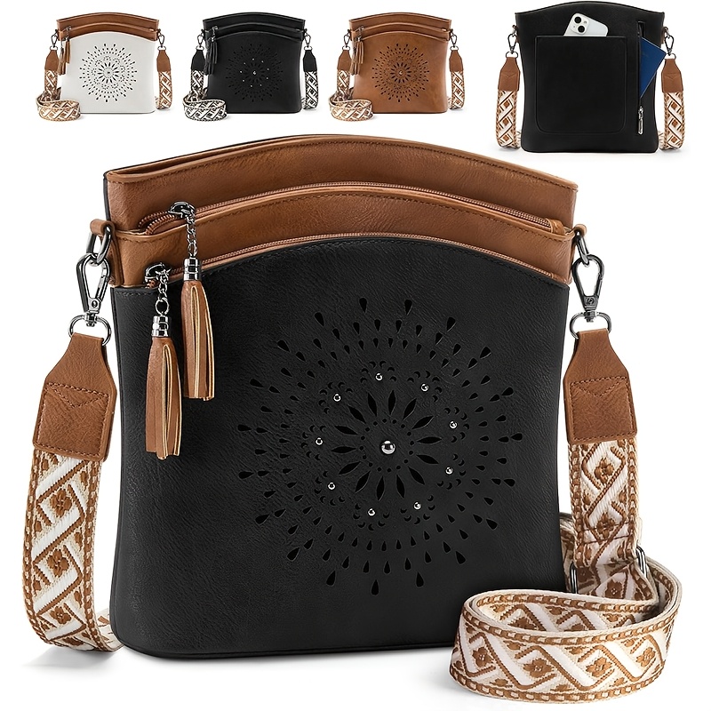 TEMU Bolso bandolera bohemio, diseño medio hueco tallado y correa ancha étnica para el , uso diario para compras y viajes de mujer, bolso de casual