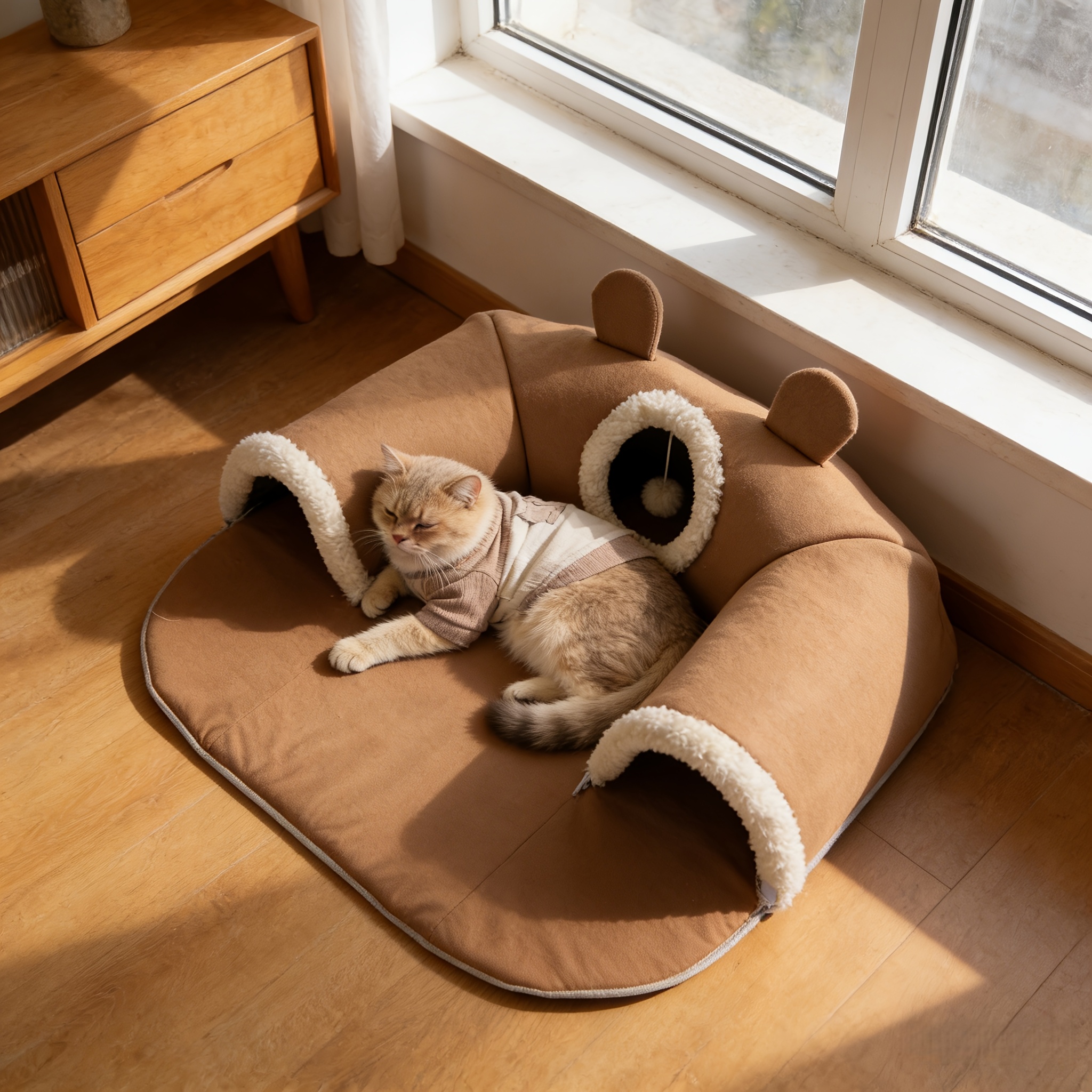 Cute Bear-Shaped Cat Bed Tunnel, Detachable & Washable