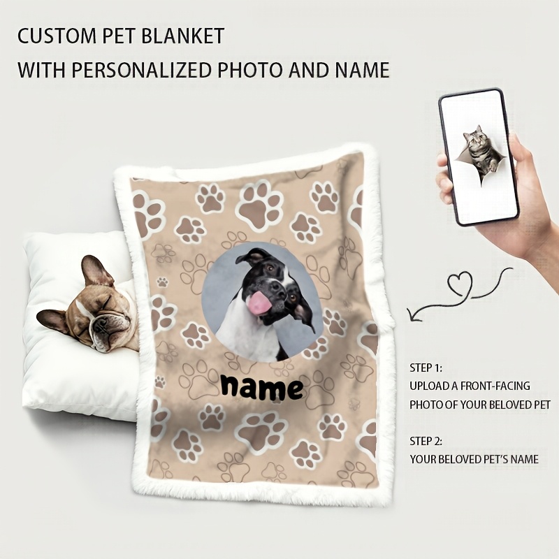 TEMU 1pc Personalized Photo And Name Dog Blanket, Custom Print With Your Picture And Text, 100% Polyester Cozy Throw For Puppy Bed, Ideal Gift For