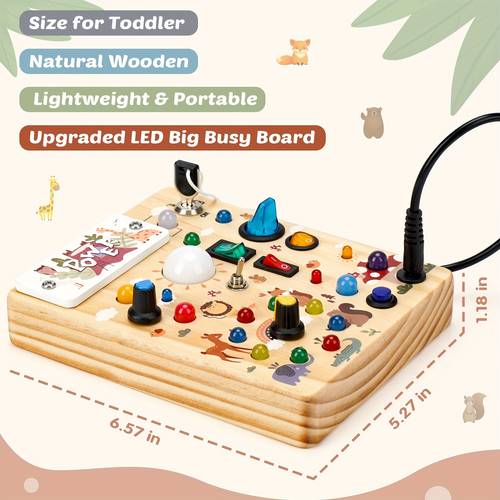 wooden busy board with led lights sensory toy for activity fidget board travel toy for fine motor skills and learning gift for boys and girls 12 months forest theme
