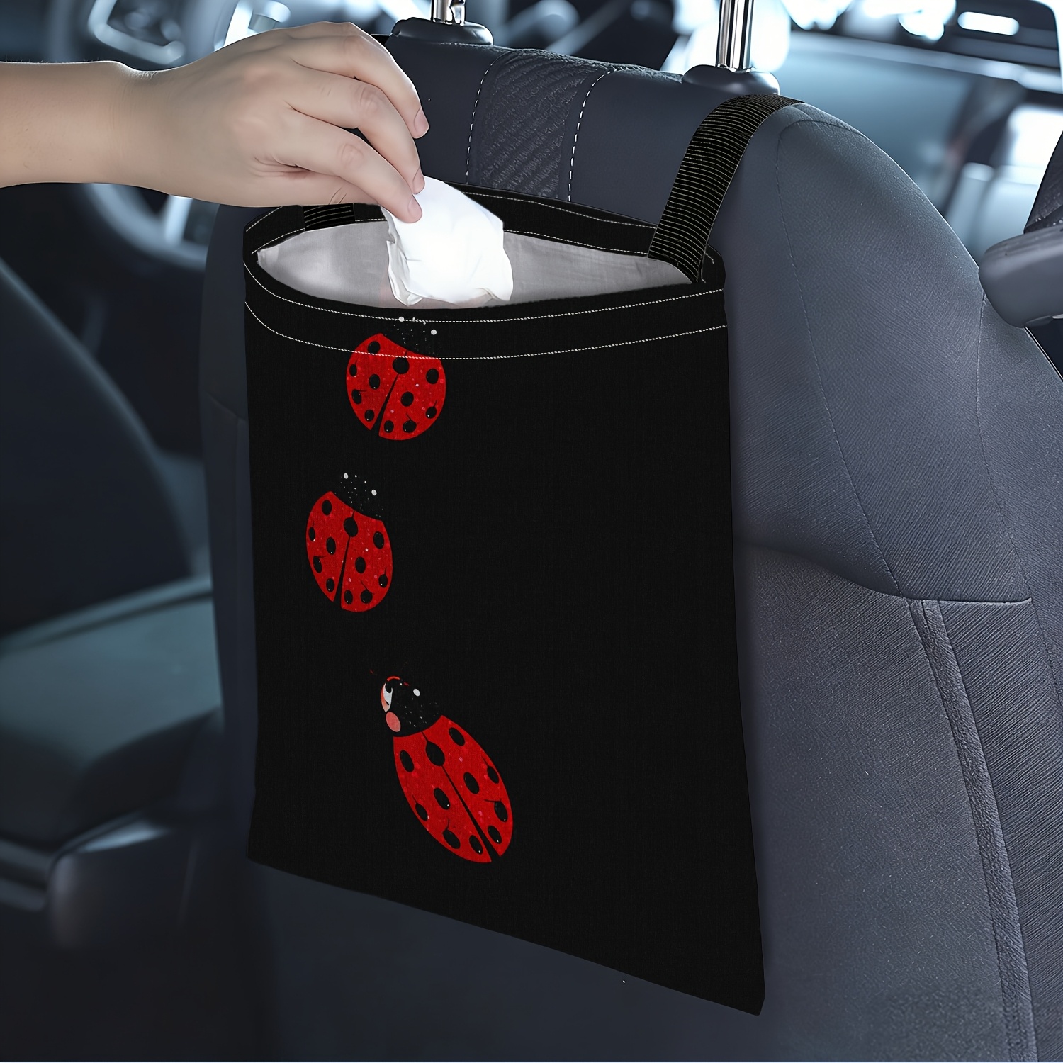 TEMU 1pc 2d 3 Ladybugs Flying In The Dark Themed Print Car Trash Bag - Polyester Fashion Storage, Keep The Car Clean, Universal Hanging, Durable And