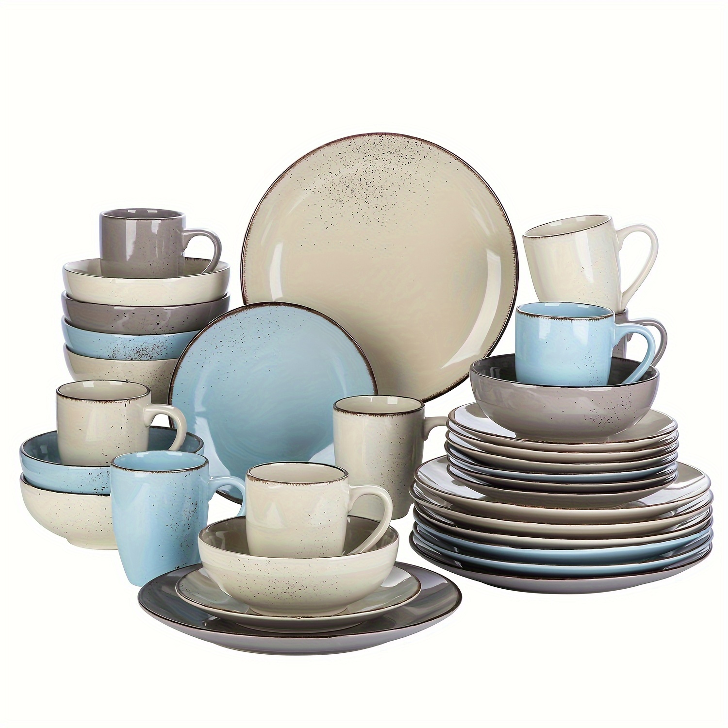 Image of Nature Dinner Set, Stoneware Vintage Look Multicolored Dinnerware Tableware, 32pcs Dinner Service Set For 8, Includes Dinner Plate, Dessert Plate, Cereal Bowl And Mug