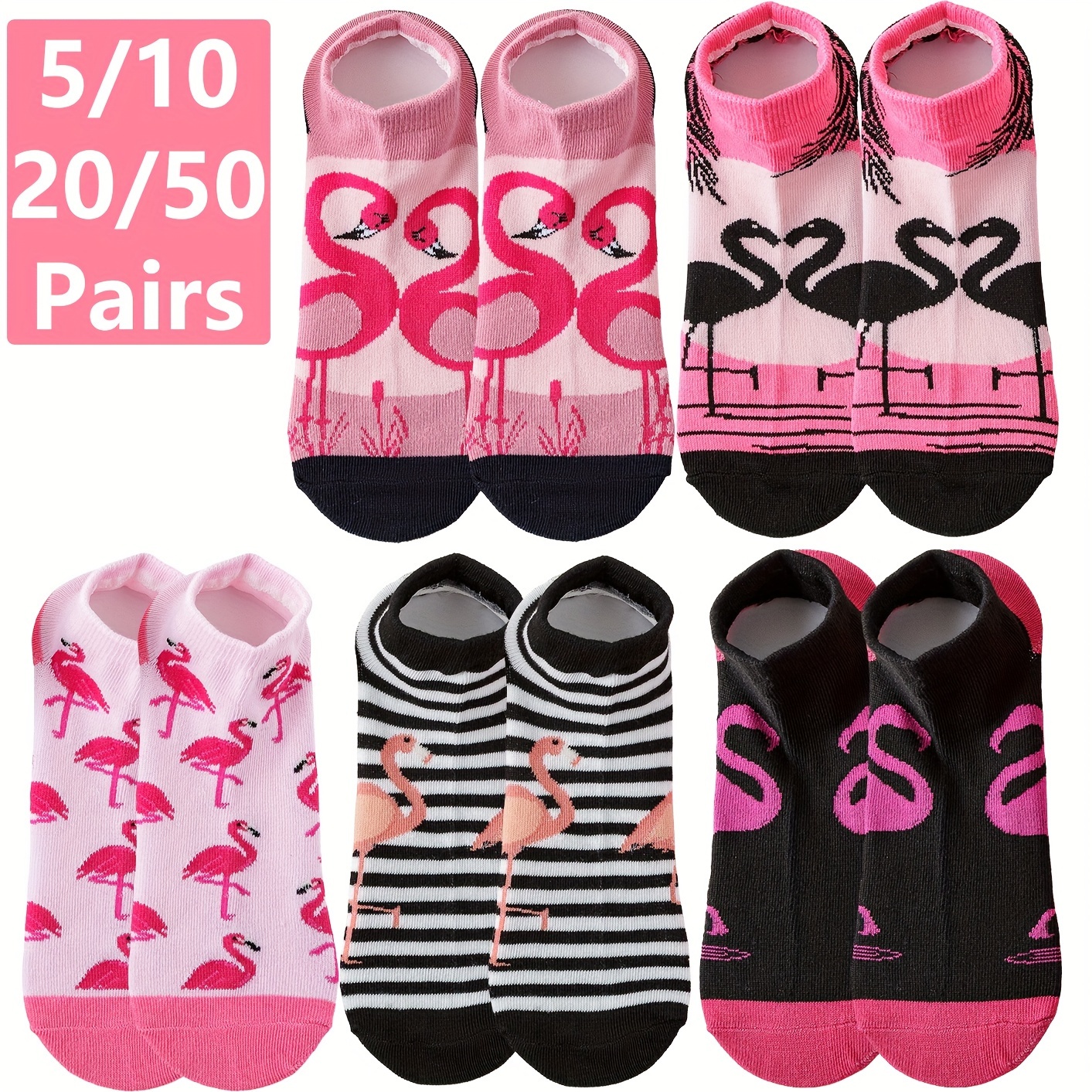 

5/10/20/50 Pairs Men Women Short Boat Socks Pink Flamingo Christmas Novelty Funny Socks