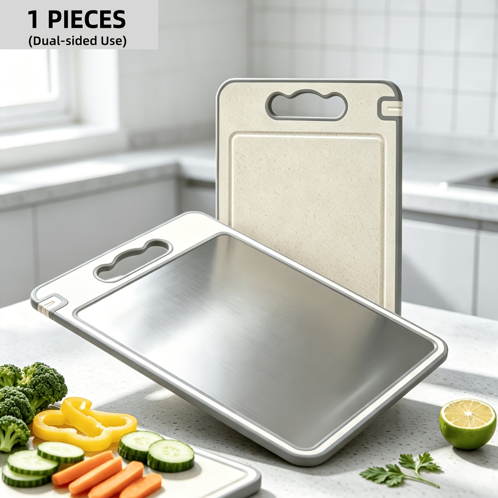 TEMU High Quality Stainless Steel Cutting Board Mat Double-sided Food Grade Cutting Board, Built-in Sharpening Stone, Anti Slip Edge, Juice Trough -