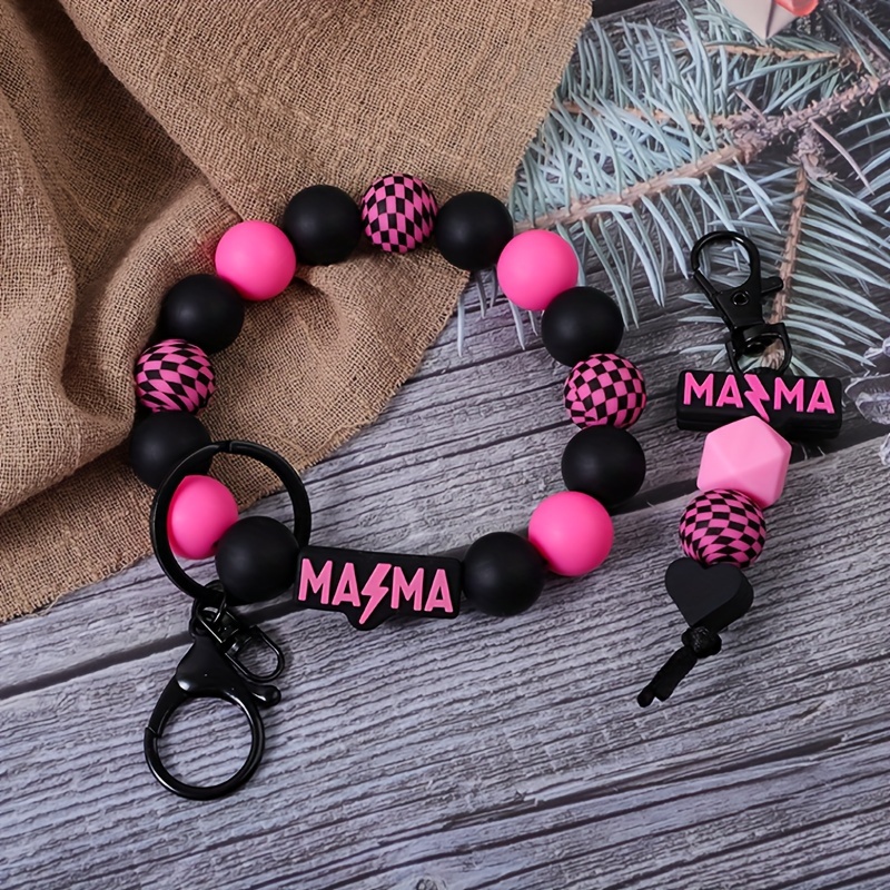 

2pcs/set Handmade Lightning Mama Silicone Grid Silicone Bead Key Ring/keychain Ring, Ring, Key Pendant, Bag Hanging Accessory, Anti Loss Chain Gift For Ladies And Mothers