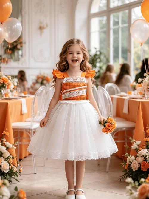girls orange sequin twill lace princess dress with small flutter sleeves double layer lace trim with multi layer soft white mesh tulle short formal dress for 4 8 year olds birthday banquet outdoor lawn photo shoot dress