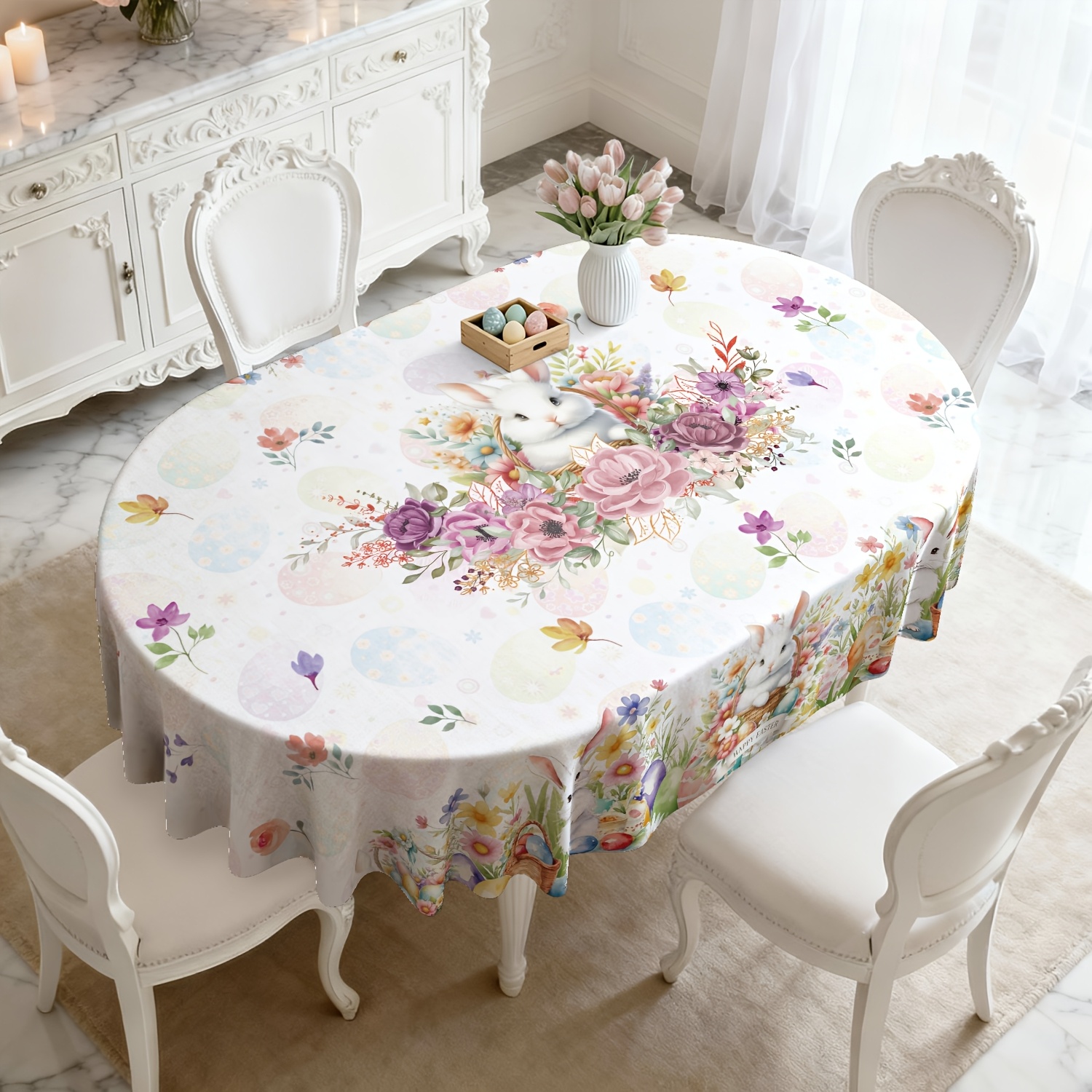 TEMU 1pc, Easter Tablecloth, Flower And Cute Bunny Eggs Pattern, Table Supplies, Ideal For Indoor, Outdoor, Easter Party, Home Decorations, Polyester