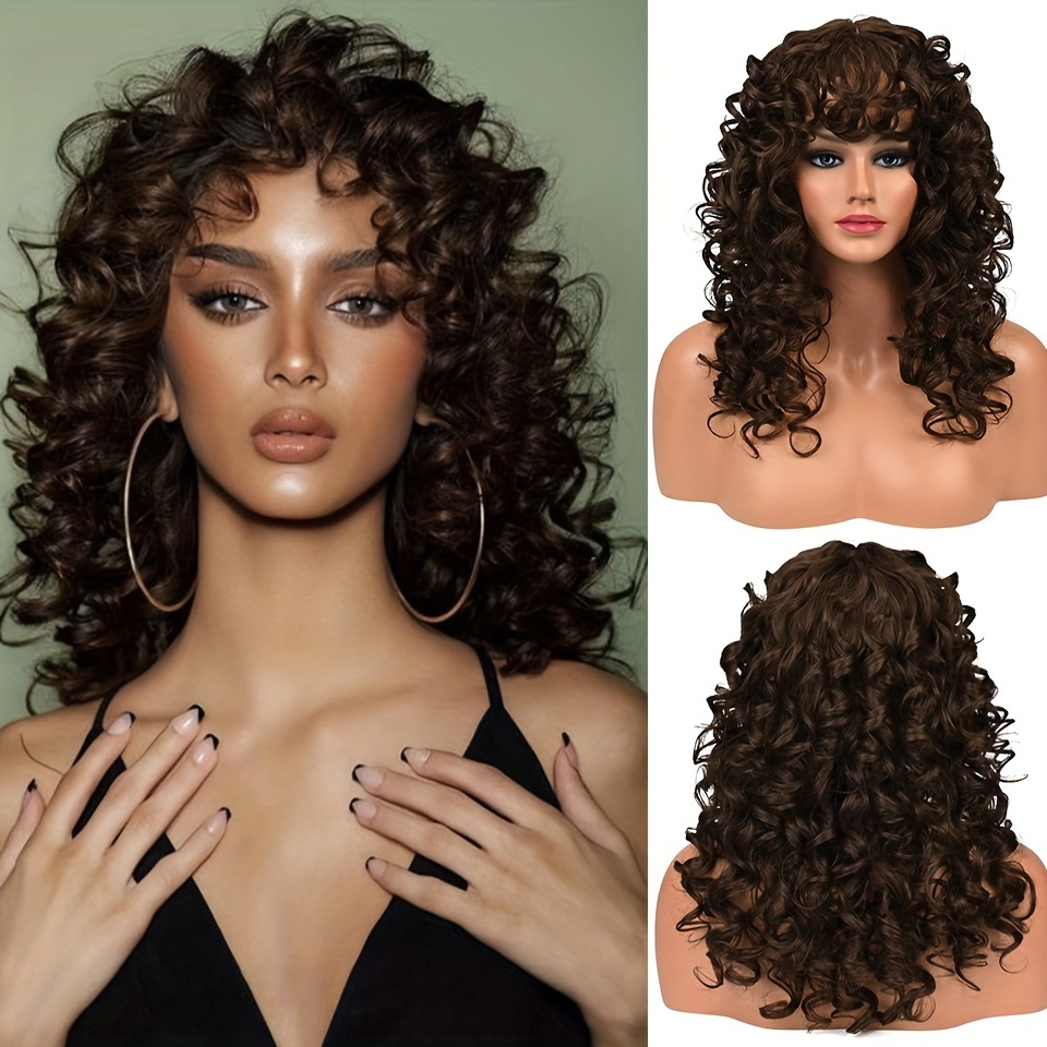 Curly Wig With Bangs For Women Natural Synthetic Long Curly Afro Wig Big Afro Loose Cute Curly Hair For Daily Use Party Cosplay 16 Inch