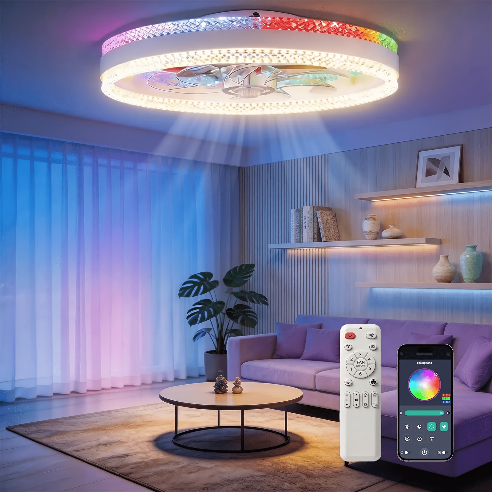 TEMU Rgb Ceiling Fan With Light And Remote, Dimmable Led With Ambient Lighting, 6 Speed Quiet Reversible Motor, Low Profile Flush Mount With Dual