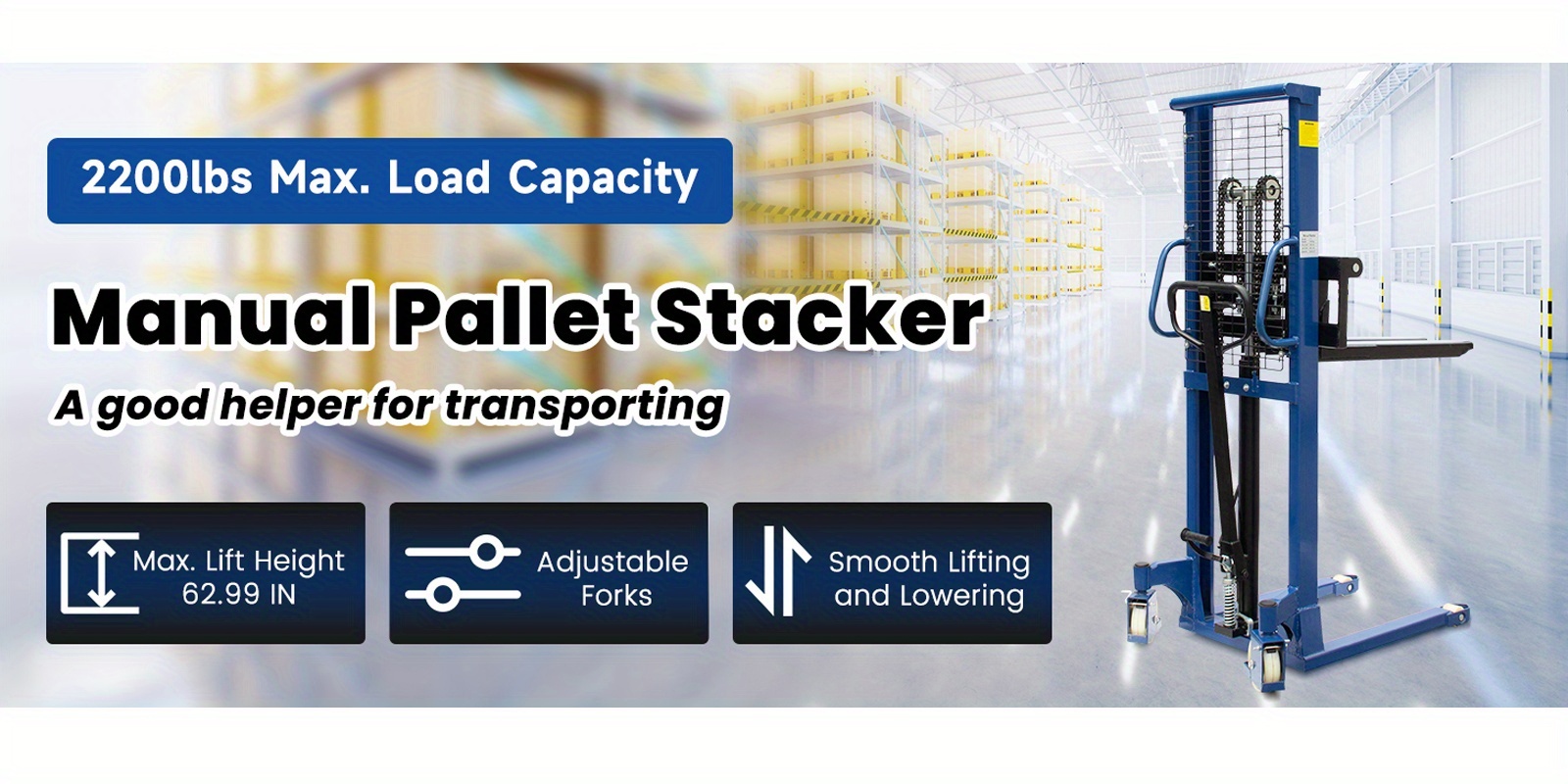 industrial heavy duty 2200lbs manual hydraulic pallet stacker adjustable lift height 3 78 63 fixed legs blue metal grid design adjustable forks for open   block pallets ideal for     industrial use Product details 0