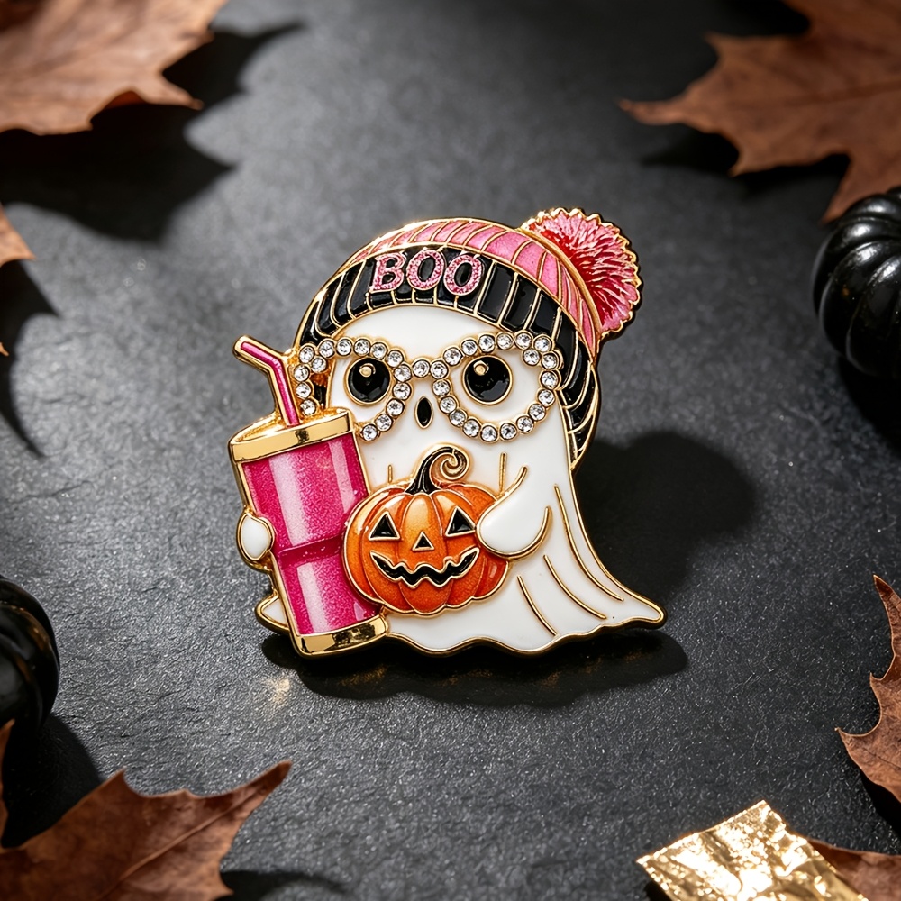 TEMU 1 pièce Bonnet tricoté d'Halloween rose et noir avec broche émaillée à strass BOO, motif dessin de thé à la citrouille, pour pull et épingle,