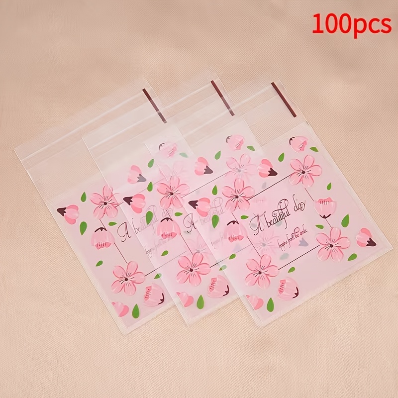 TEMU 100-pack Pink Cherry Self-adhesive Resealable Bags For Diy Small Accessories, Jewelry, And Bead Packaging , Gift Bags, Suitable For Spring And