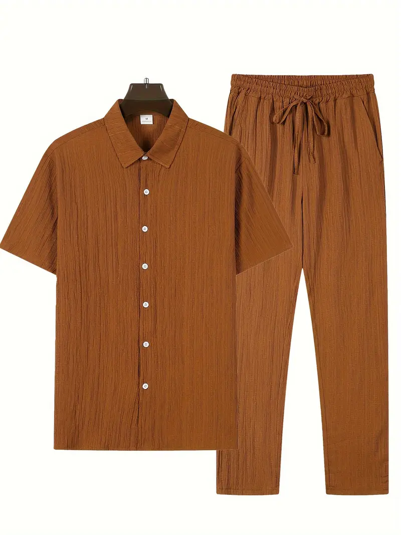 mens casual striped short sleeve sweatsuit set with button shirt collar and elastic waist pants woven polyester spandex blend two piece set with belt detail for summer details 37