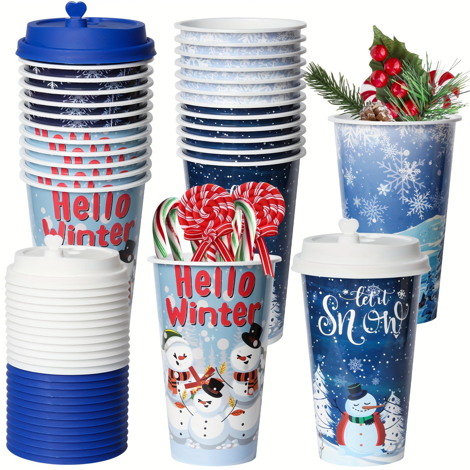 

24 Winter Snowman Party Favors Cups, 16oz Reusable Plastic Cups For Christmas Decorations Supplies With Plugs (straws Not Included)